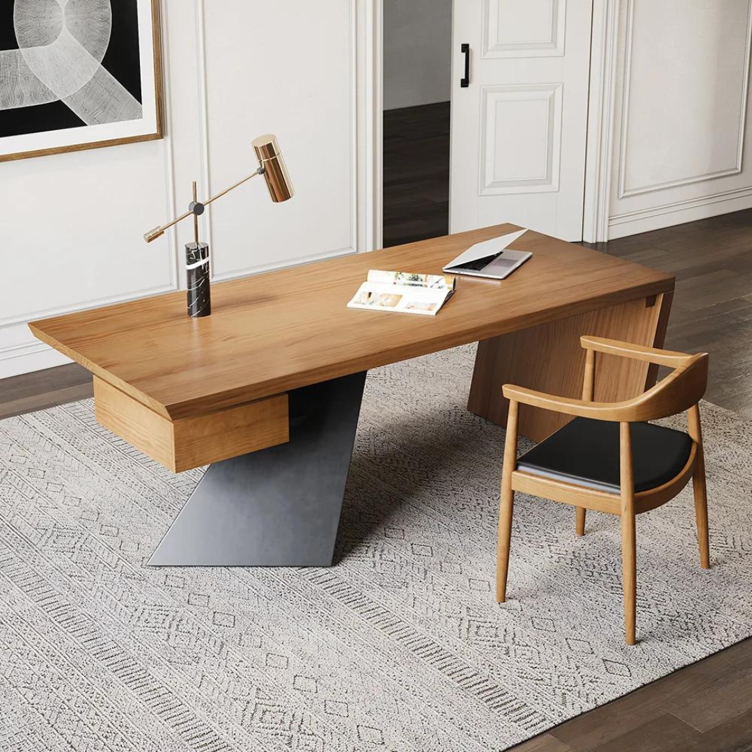 Visionary Pinnacle CEO Table with distressed solid wood top and black metal base, showcasing modern executive office furniture design.