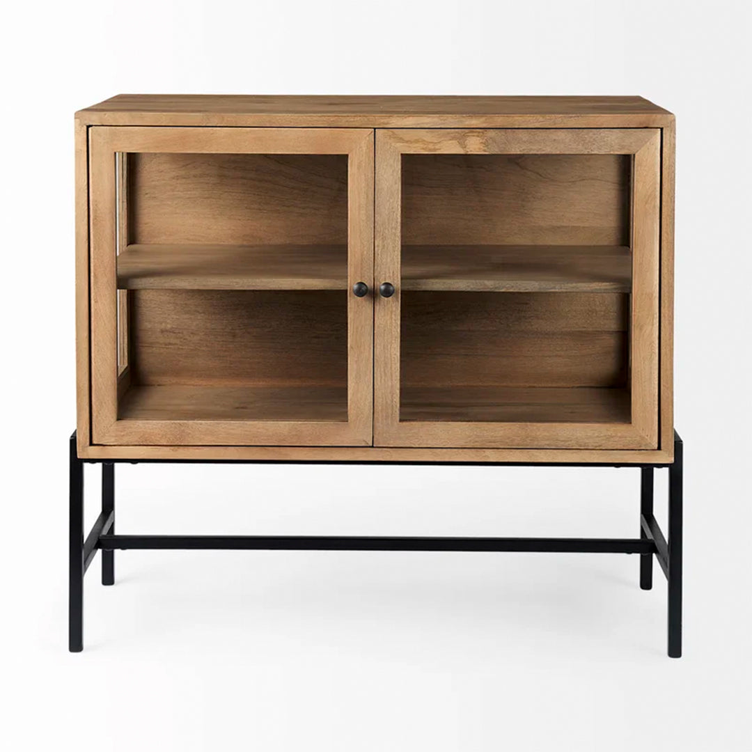 Warner Chisel Console with glass-paneled doors, solid yellow pine wood frame, and matching centre table in a modern living room setup.