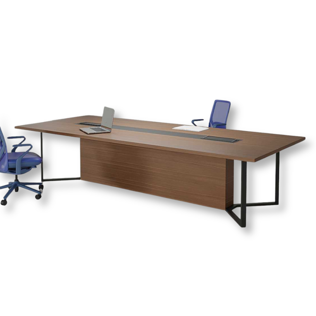 Wave Conference Table with wooden-finished laminated MDF top, powder-coated MS legs, and cable grommet.