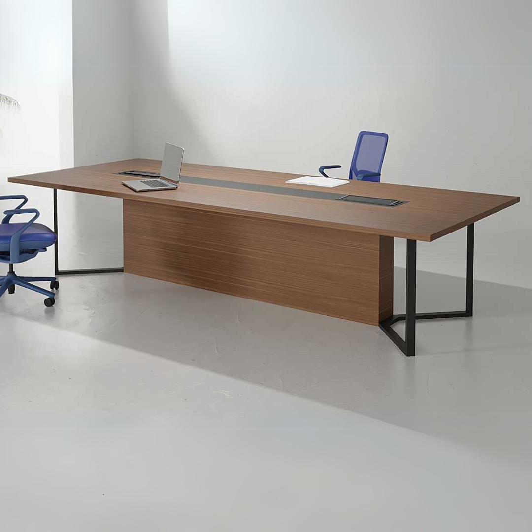 Wave Conference Table with wooden-finished laminated MDF top, powder-coated MS legs, and cable grommet.