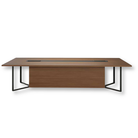 Wave Conference Table with wooden-finished laminated MDF top, powder-coated MS legs, and cable grommet.